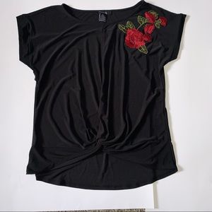 Black Top with Embroidered Rose